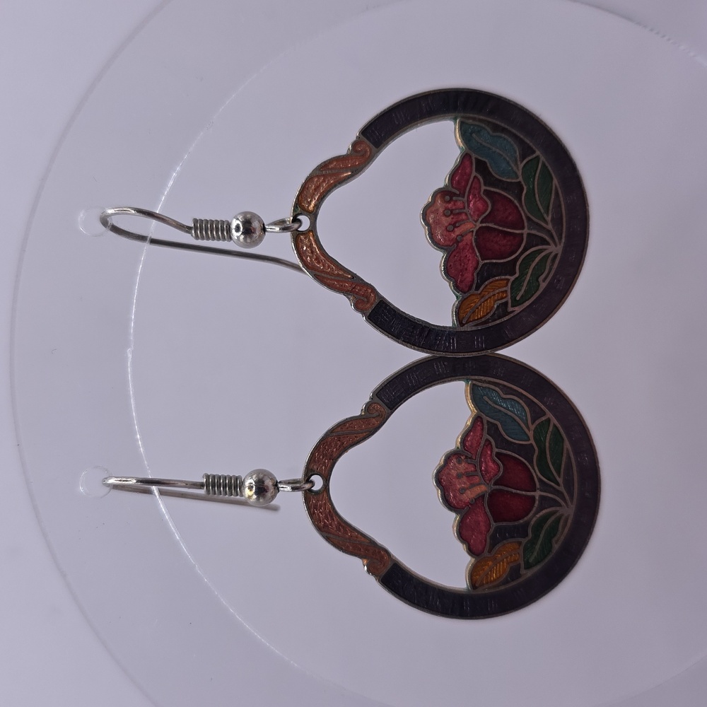 Vintage Floral Motif Cloisonnè Dangle Earrings